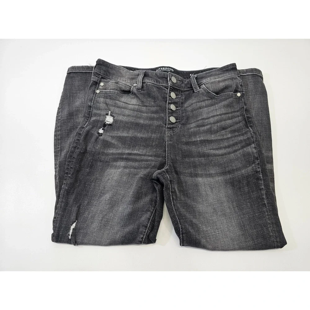 Liverpool LA Womens The High Rise Skinny Jeans Gray Distressed Button Fly Size 6